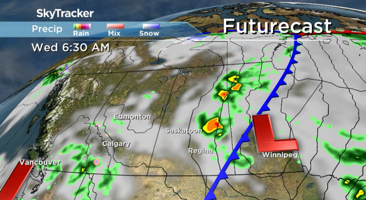 A big cool down is on the way mid-week behind a cold front sliding through Saskatchewan.