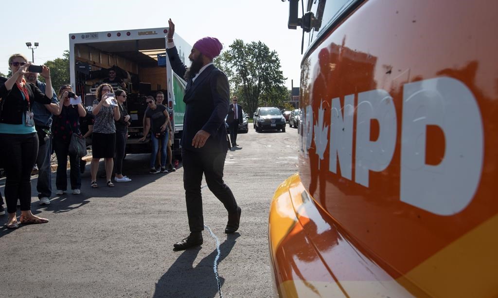 NDP Leader Jagmeet Singh swaves as he arrives at a campaign event in Essex, Ont., Friday, Sept. 20, 2019.