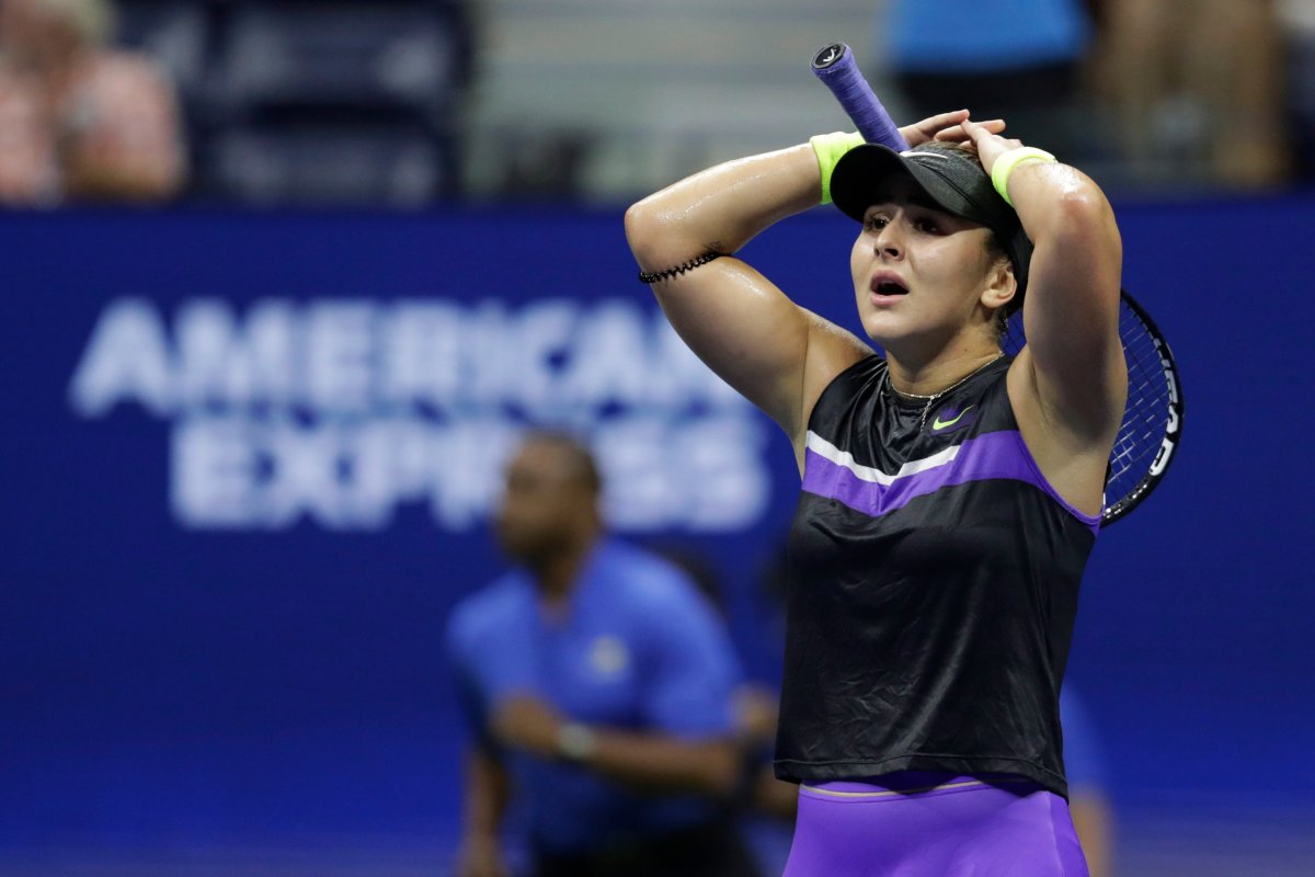 Bianca Andreescu, of Canada, reacts after defeating Belinda Bencic, of Switzerland, during the semifinals of the U.S. Open tennis championships Thursday, Sept. 5, 2019, in New York.