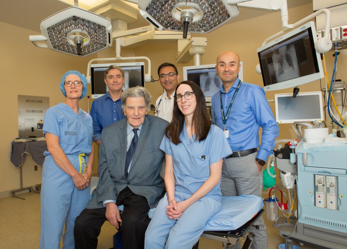 Bruno Harilaid, front row, donated $300,000 to help renovate an operating suite at Northumberland Hills Hospital in Cobourg. He was joined by Tracey Chester, registered nurse for surgical services program and (back) Dr. Alison Tilley, (back row) Dr. Andrew Stratford – chief of Surgery at NHH, Dr. Mukesh Bhargava – internal medicine specialist and chief of staff at NHH, and Dr. Kaes Al-Ali.