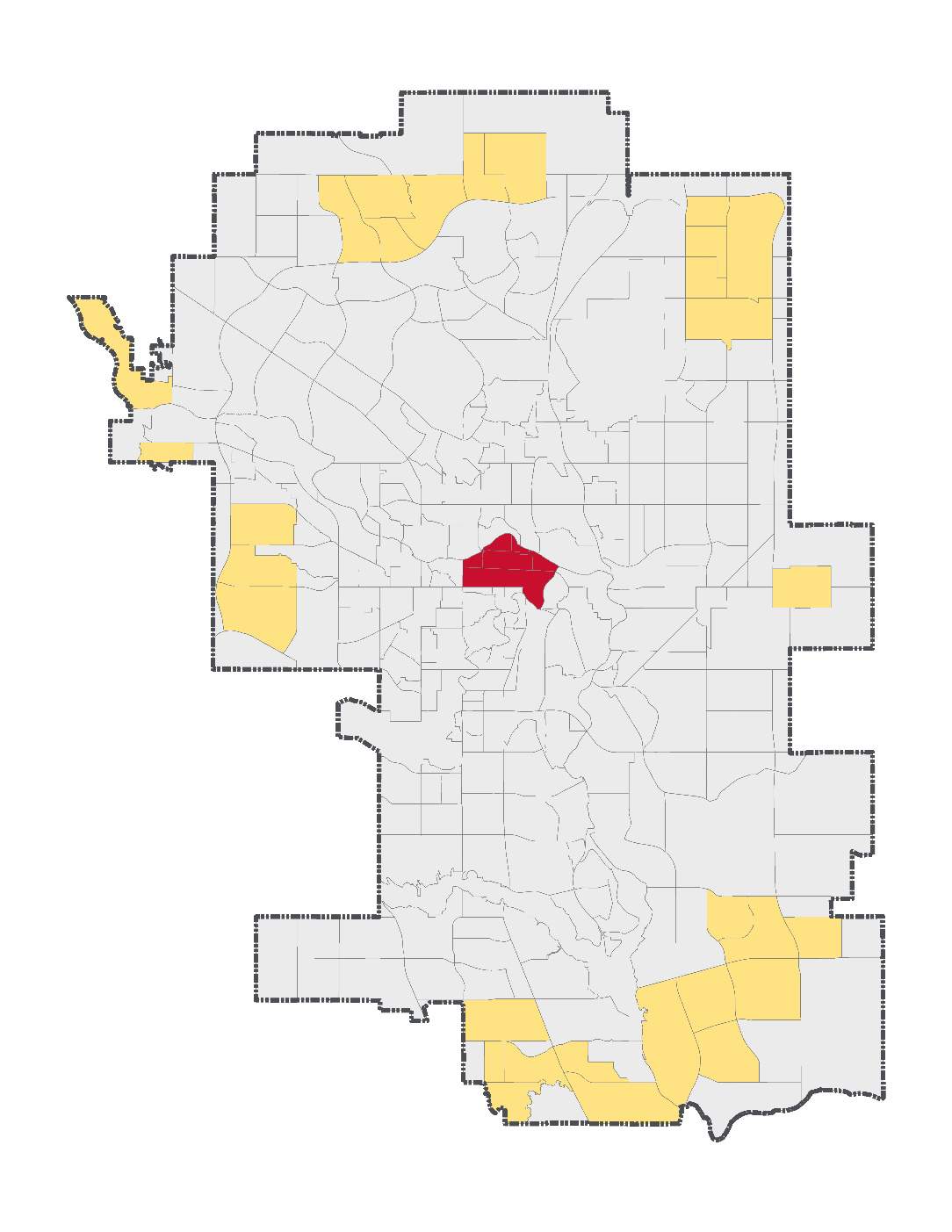 An illustration from the City of Calgary displaying the actively developing communities (in yellow), centre city (in red) and established areas (in grey). According to the 2019 city census, 83 per cent of Calgary’s population growth since 2010 has been in the actively developing communities and centre city has seen construction drop “significantly” in 2019.