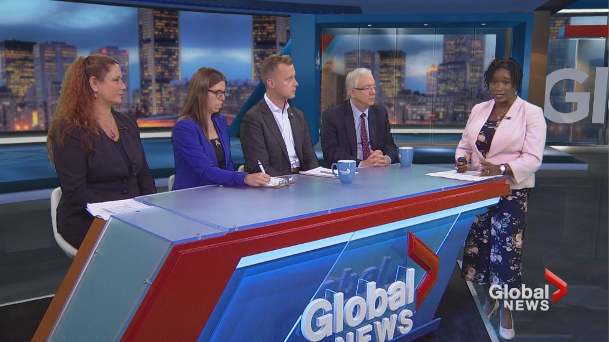 From left: Lisa Mintz (Green), Dana Chevalier (NDP), Michael Forian (Conservative) and Francis Scarpaleggia (Liberal) debate climate policy on Focus Montreal.