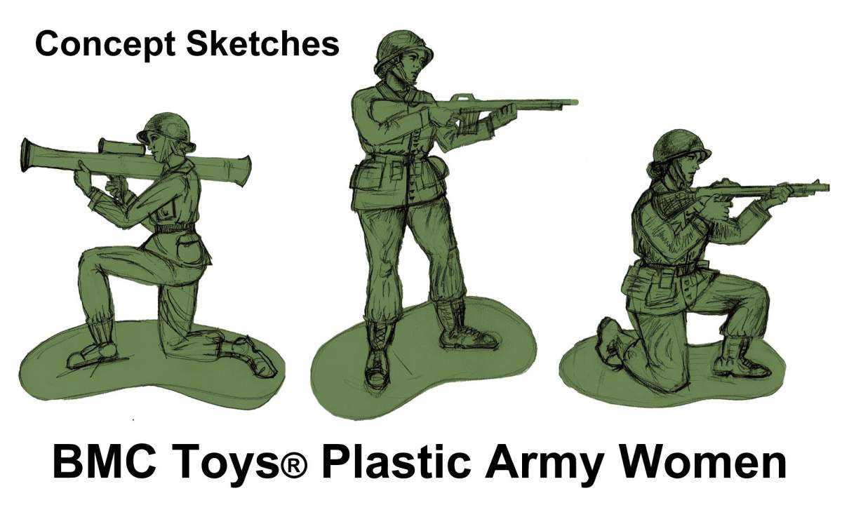 Concept sketches are shown for BMC Toys’ planned army women toys.
