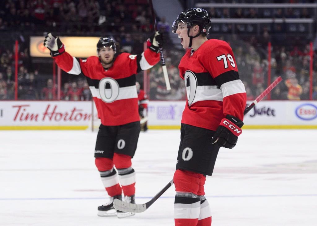Ottawa Senators right wing Drake Batherson (79) celebrates his first NHL goal as the Ottawa Senators take on the Detroit Red Wings during second period NHL hockey action in Ottawa on Thursday, Nov. 15, 2018. Batherson hopes to make the Ottawa Senators in his last year of his entry-level contract. The fourth-round pick has had a taste of NHL success, but now must garner the attention of new Ottawa head coach D. J. Smith.