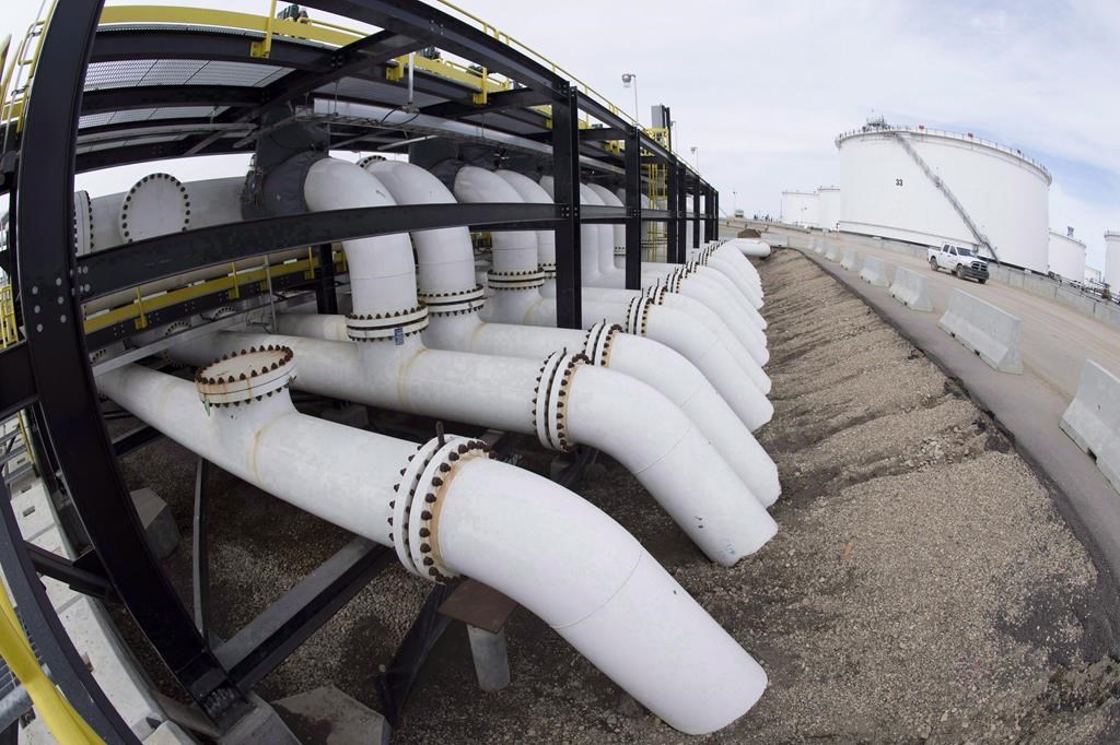 Pipes are seen at the Kinder Morgan Trans Mountain facility in Edmonton, Alta., Thursday, April 6, 2017. THE CANADIAN PRESS/Jonathan Hayward