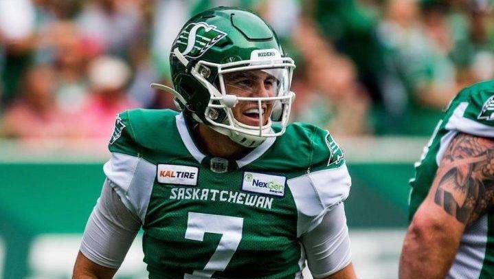 Saskatchewan Roughriders quarterback Cody Fajardo (7) celebrates a touchdown during first half CFL action against the Ottawa Redblacks, in Regina, Saturday, Aug. 24, 2019. To move atop the West Division standings, Fajardo and the Saskatchewan Roughriders will have to do something no other CFL club has this season: Beat the Winnipeg Blue Bombers at home.THE CANADIAN PRESS/Matt Smith.