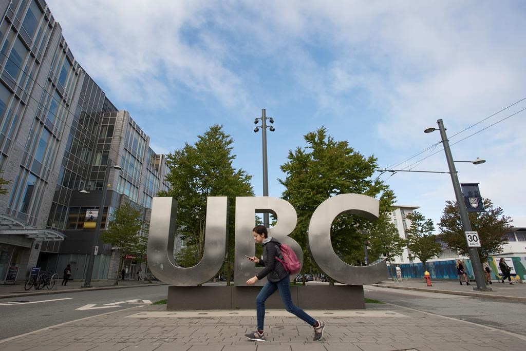The UBC sign is pictured at the University of British Columbia in Vancouver, Tuesday, Apr 23, 2019. A nationwide get-out-the-vote campaigns targeting post-secondary students launches today to maintain gains in turnout at the polls among the nation's youngest voters. THE CANADIAN PRESS/Jonathan Hayward.