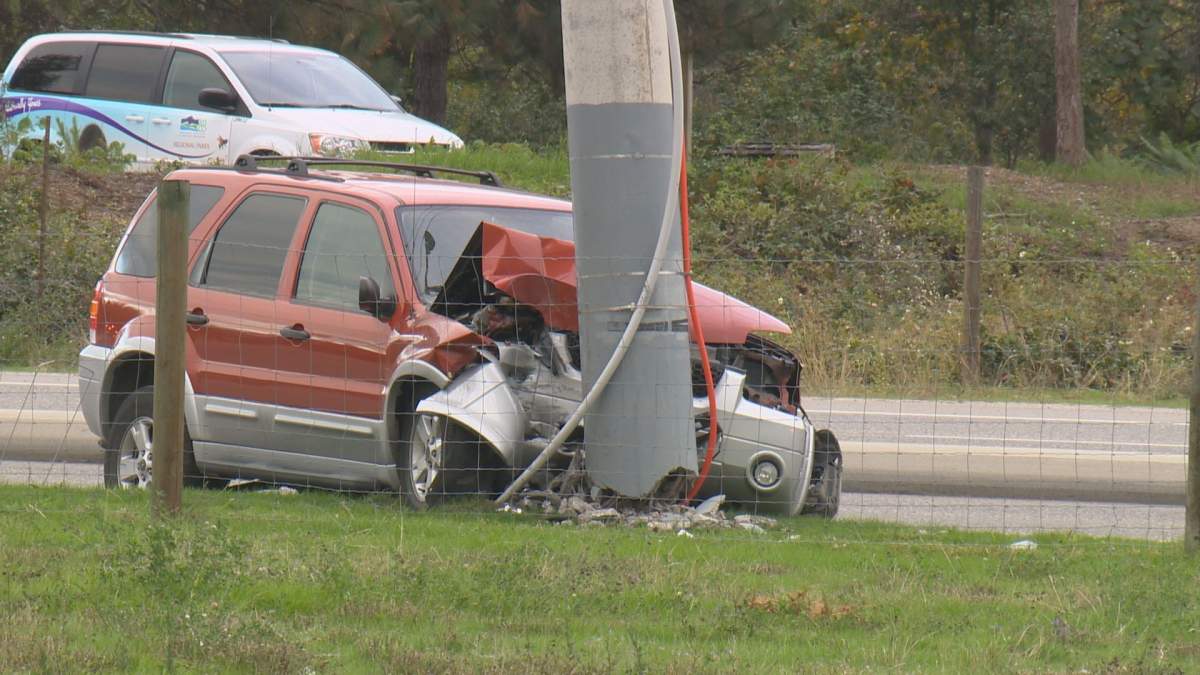 Thousands of people in Kelowna were left without power on Monday after a vehicle smashed into a transmission pole.