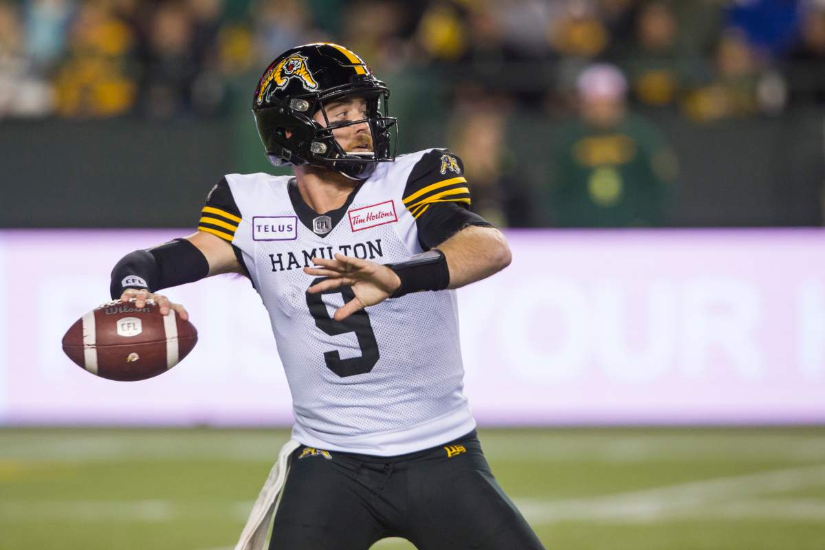 Hamilton Tiger-Cats quarterback Dane Evans (9) looks to throw the ball during first half CFL action against the Edmonton Eskimos in Edmonton, Alta., on Friday September 20, 2019.