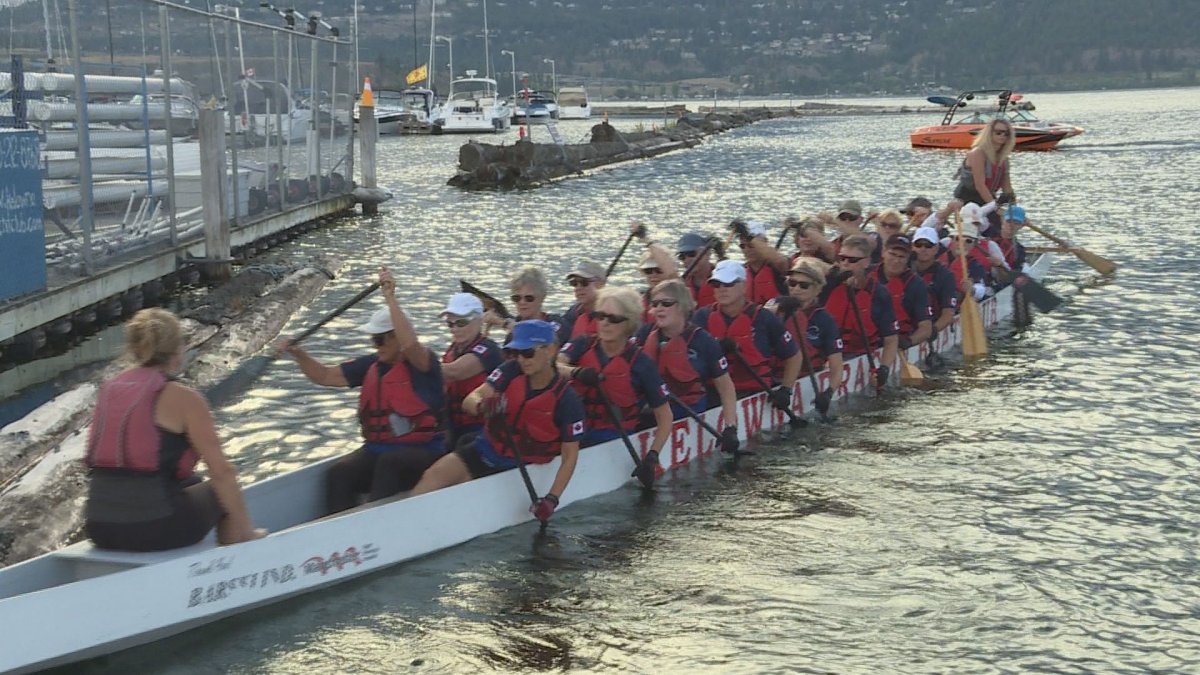 The Kelowna Dragon Boat Club going out on Okanagan Lake for a practice ahead of the 55+ B.C. Games .