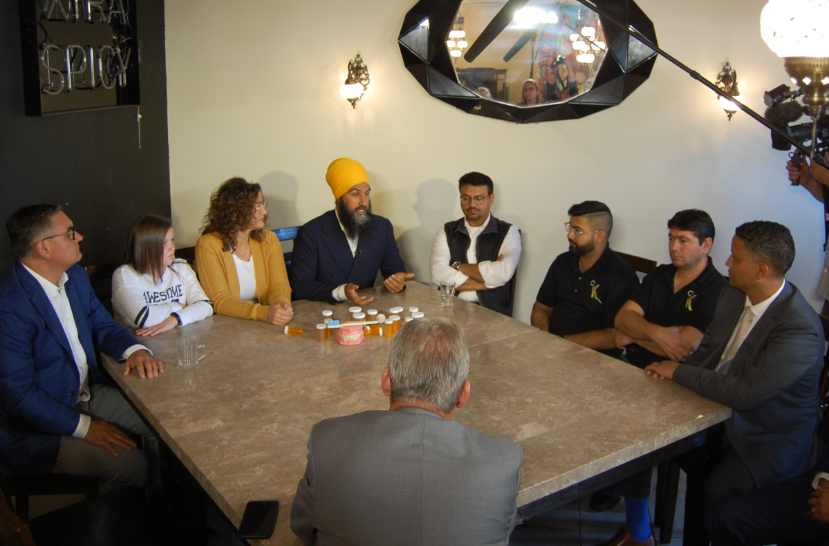 Federal NDP leader Jagmeet Singh appeared with local New Democrat candidates during a campaign stop in Stoney Creek on Thursday.