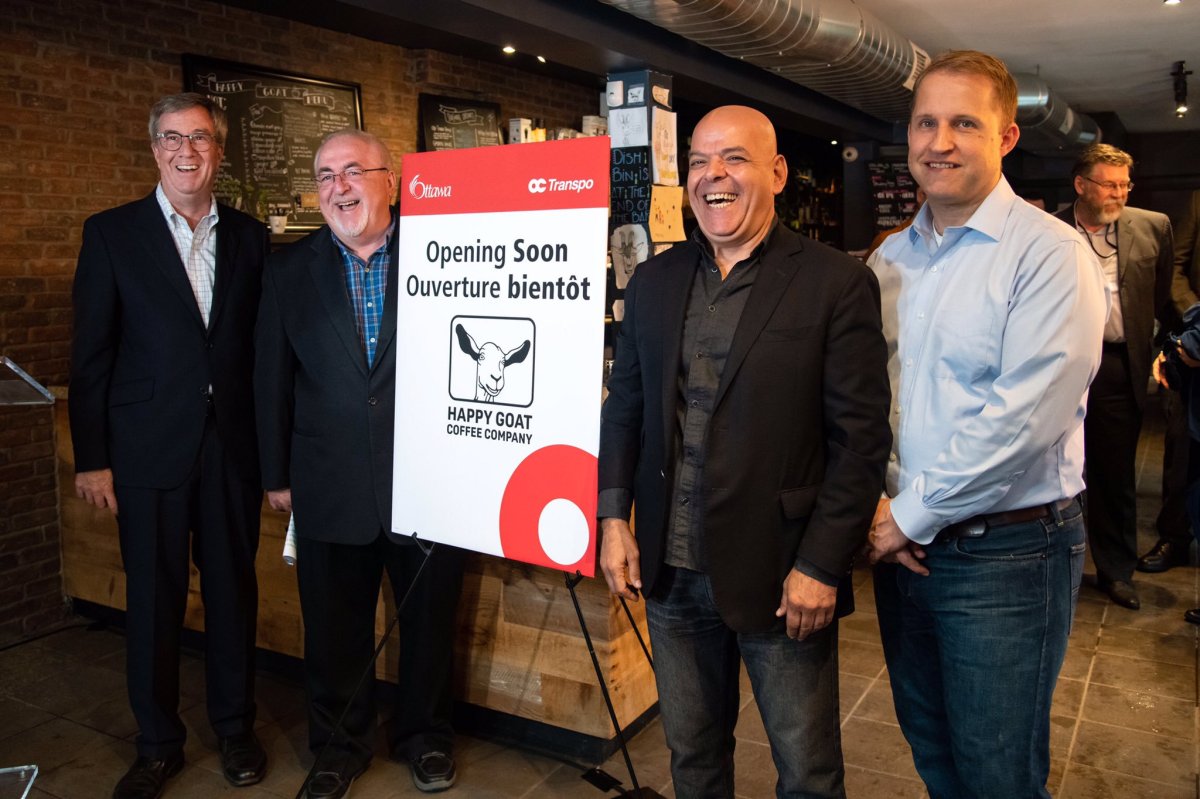 Mayor Jim Watson, transit commission chair Alan Hubley and Happy Gaot CEO Henry Assad announced today that the city and Happy Goat Coffee company have penned an agreement to open coffee kiosks in four LRT stations.