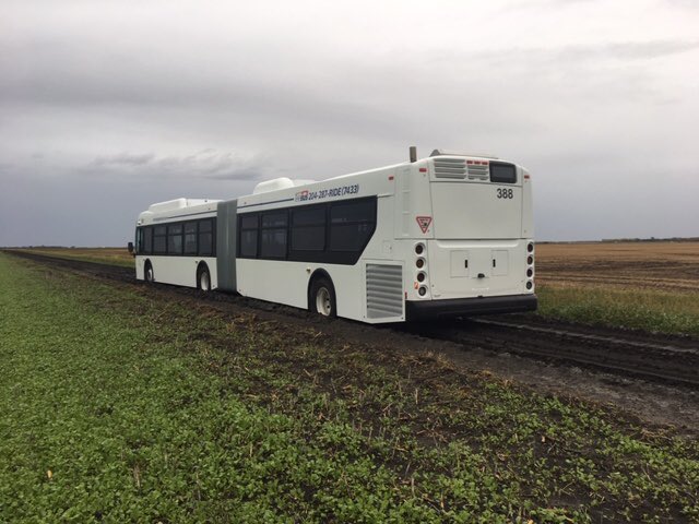 RM of Morris reeve, Ralph Groening tweeted a photo of a Winnipeg Transit bus in a field in his municipality Tuesday.