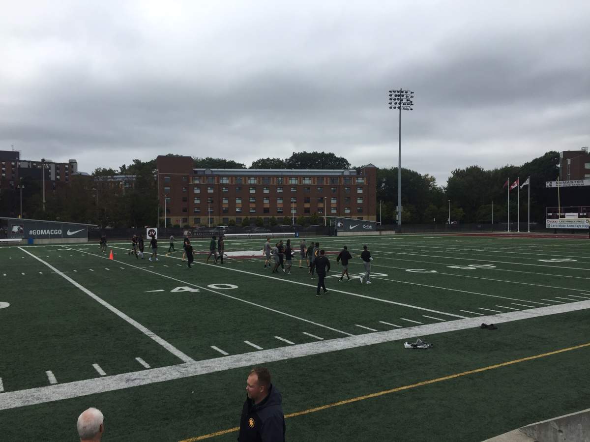 The Edmonton Eskimos work out at Ron Joyce Stadium on the campus at McMaster Univeristy on Monday, September 30, 2019.