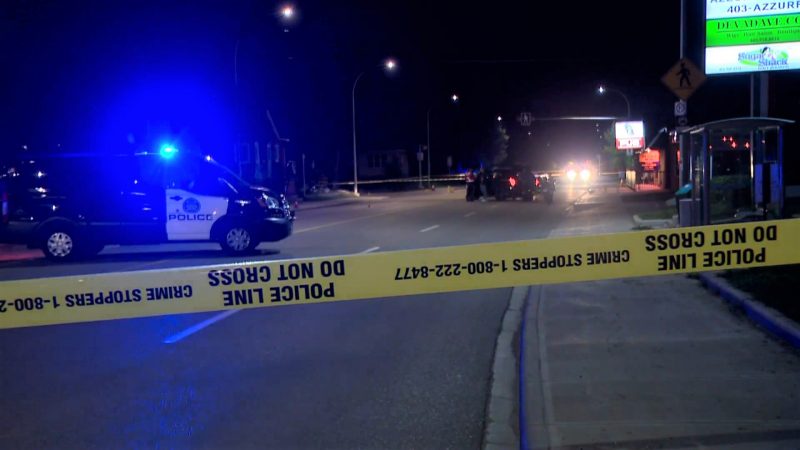 Members of the Calgary Police Service investigate after a pedestrian was hit by a vehicle in the 2400 block of Edmonton Trail N.E. on Monday, Sept. 2, 2019.