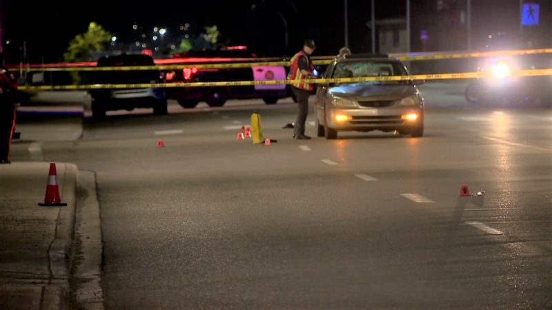 Members of the Calgary Police Service investigate after a pedestrian was hit by a vehicle in the 2400 block of Edmonton Trail N.E. on Monday, Sept. 2, 2019. 