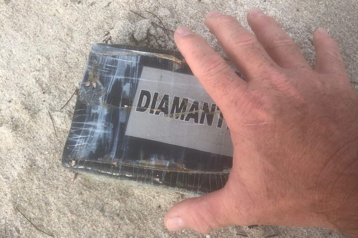 A brick of cocaine that washed up on shore in Florida as hurricane Dorian whipped the coast on Sept. 3, 2019.
