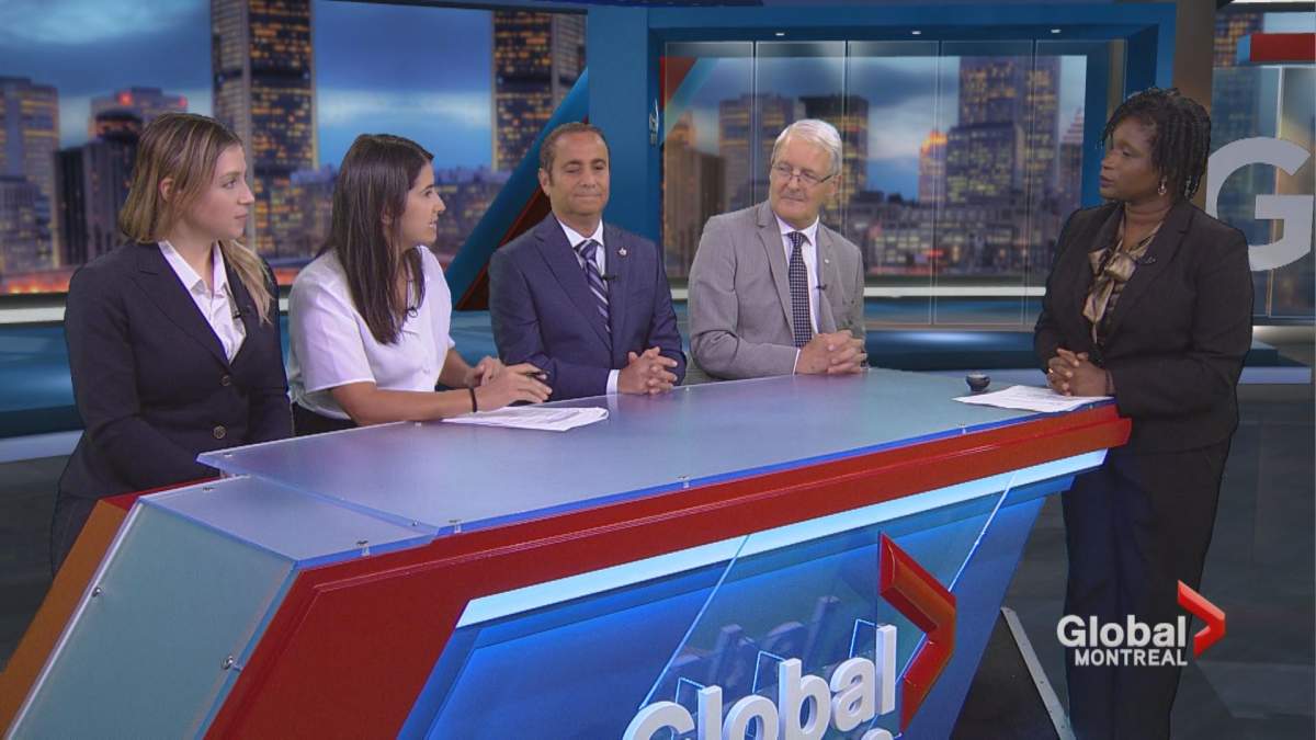 From left: Ève Péclet (NDP), Meryam Haddad (Green Party), Neil Drabkin (Conservative) and Marc Garneau (Liberal) debate immigration on Focus Montreal.