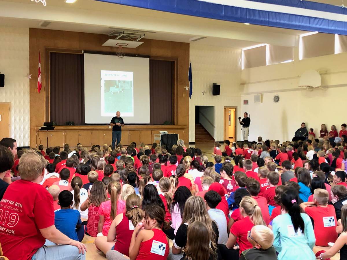 Terry Fox's older brother, Fred Fox, spoke to students at Lakeview Elementary School in Lethbridge Thursday.