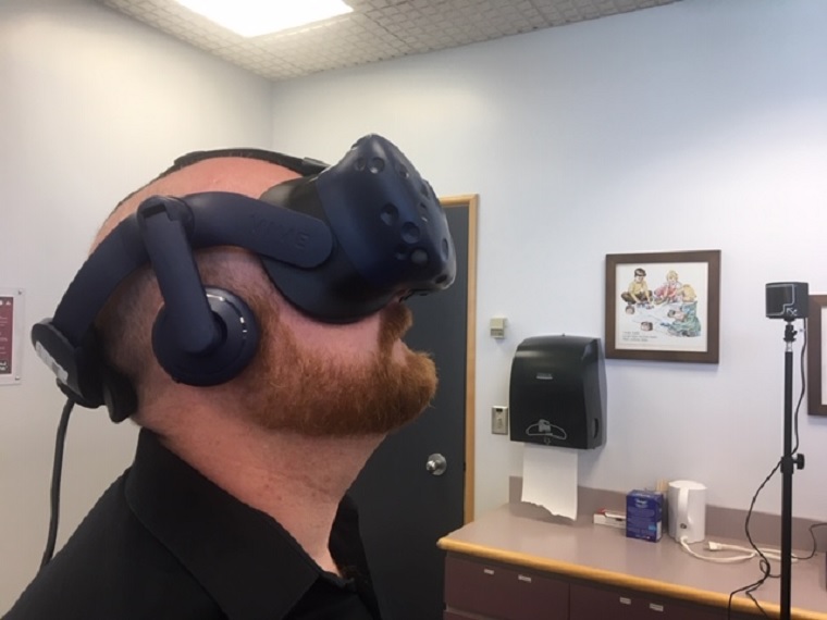 David Gamble, technology education consultant with the Pembina Trails School Division, wearing one of their new virtual reality headsets.