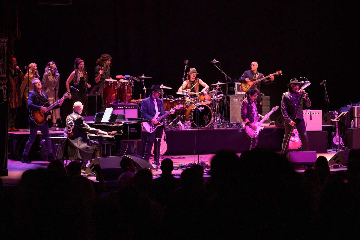 ((L-R) Joe Sumner, Mike Garson, Mark Plati, Lee John, Earl Slick, Carmine Rojas and Bernard Fowler perform during the ‘A Bowie Celebration: The David Bowie Alumni Tour’ at The Orpheum Theatre on Feb. 7, 2019 in Los Angeles, Calif.