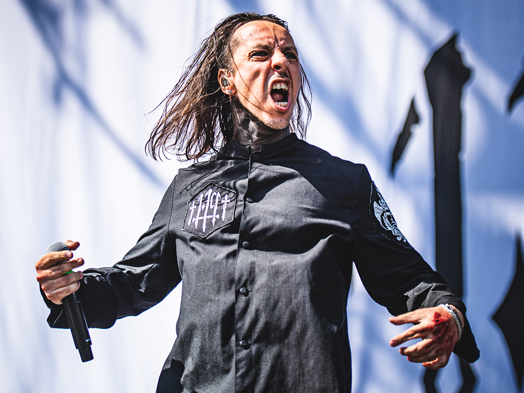 Andrea Ferro, singer of the Italian Gothic metal band Lacuna Coil, performing live on stage in Bologna, at the Bologna Sonic Park 2019 first-ever edition, opening for Slipknot.