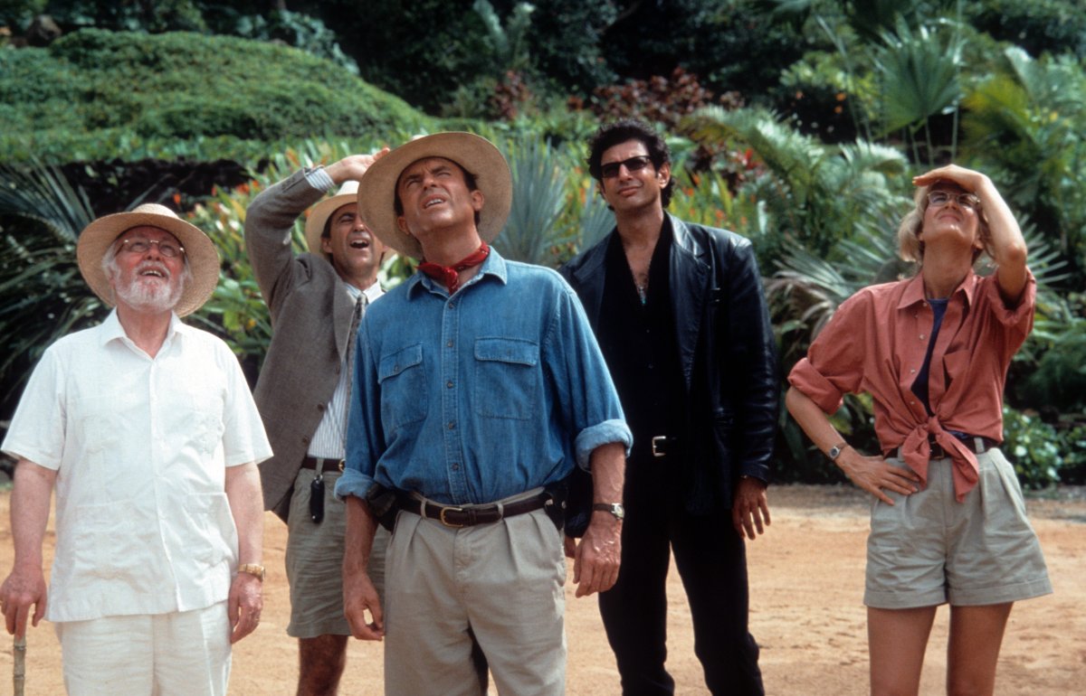 From left to right, Richard Attenborough, Martin Ferrero, Sam Neill, Jeff Goldblum and Laura Dern look up in a scene from the film 'Jurassic Park', 1993. 
