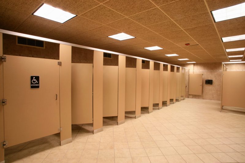 Toilet stalls in a public restroom.