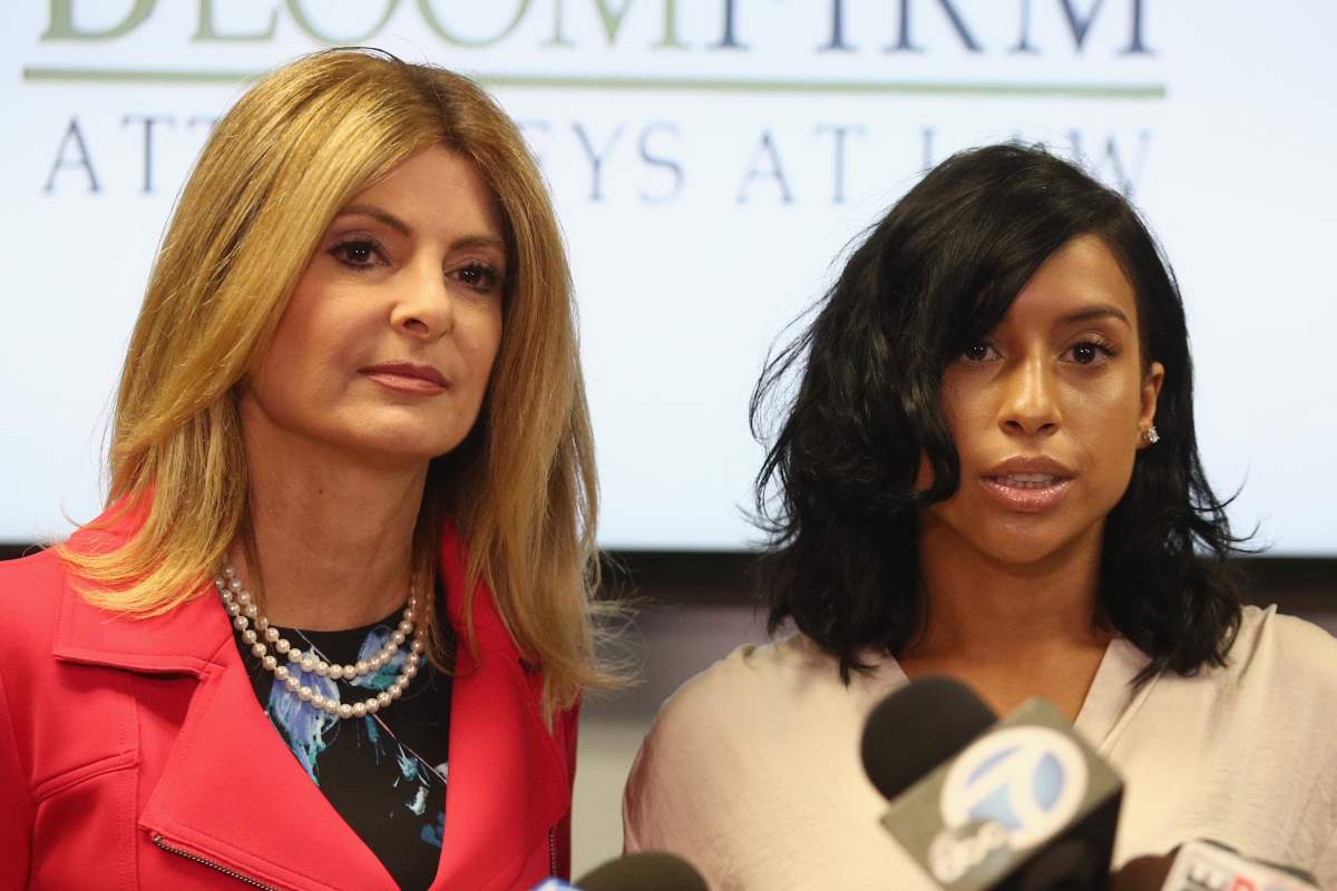 Lisa Bloom (L), lawyer for Montia Sabbag, speaks regarding the alleged attack on her client’s character after accusations that Sabbag attempted to extort comedian Kevin Hart during a press conference held at The Bloom Firm September 20, 2017 in Woodland Hills, Calif. (Photo by Frederick M. Brown/Getty Images)