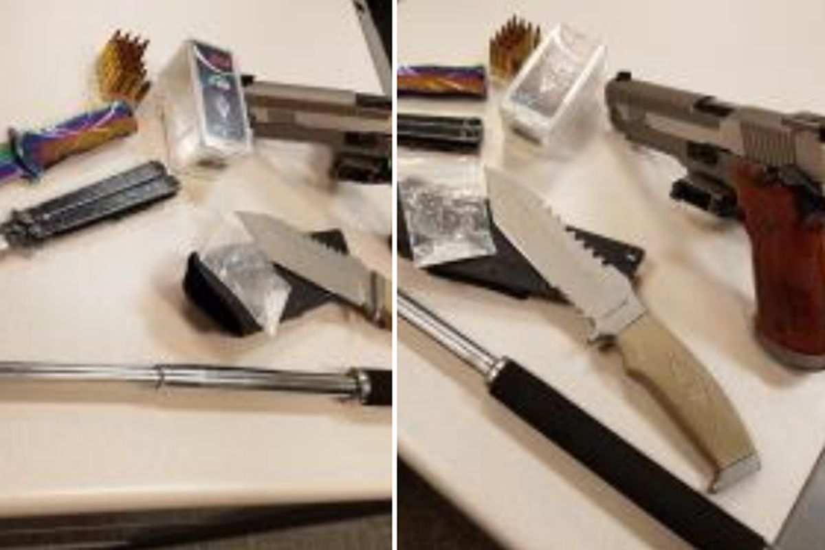 Police say they seized a spring-loaded and butterfly-style knives, a replica Sig Sauer semi-automatic pistol and a baton.