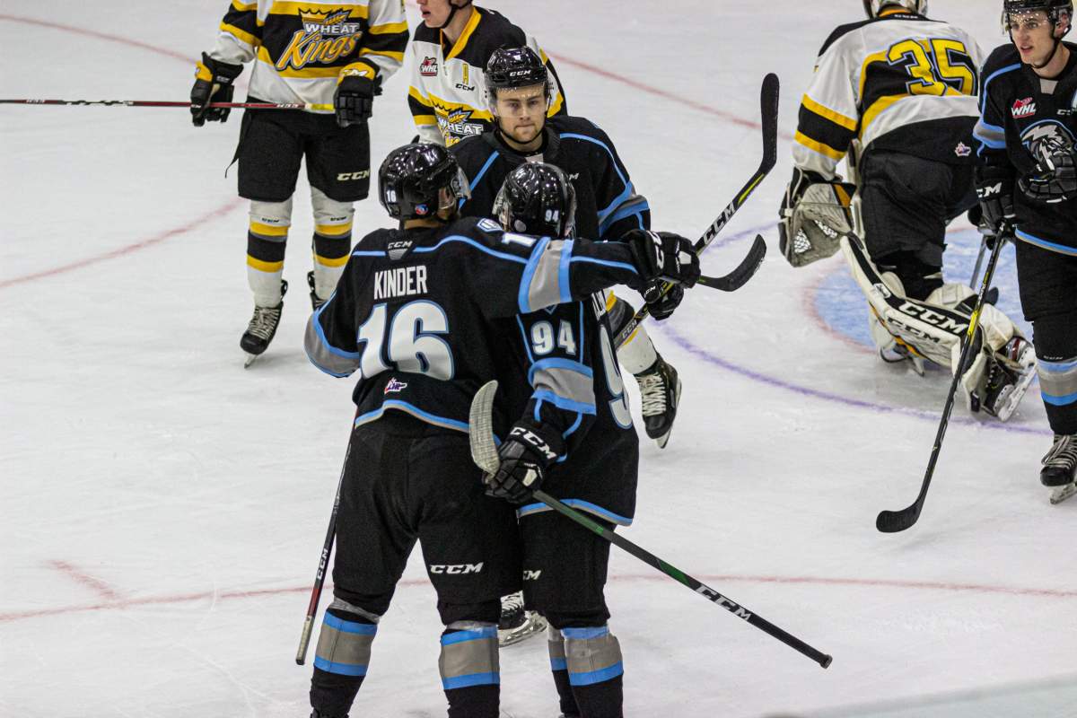 Winnipeg Ice players Nino Kinder (16) and Connor McClennon (94) celebrate a goal in a WHL preseason 5-1 win vs. Brandon on Sept. 7.