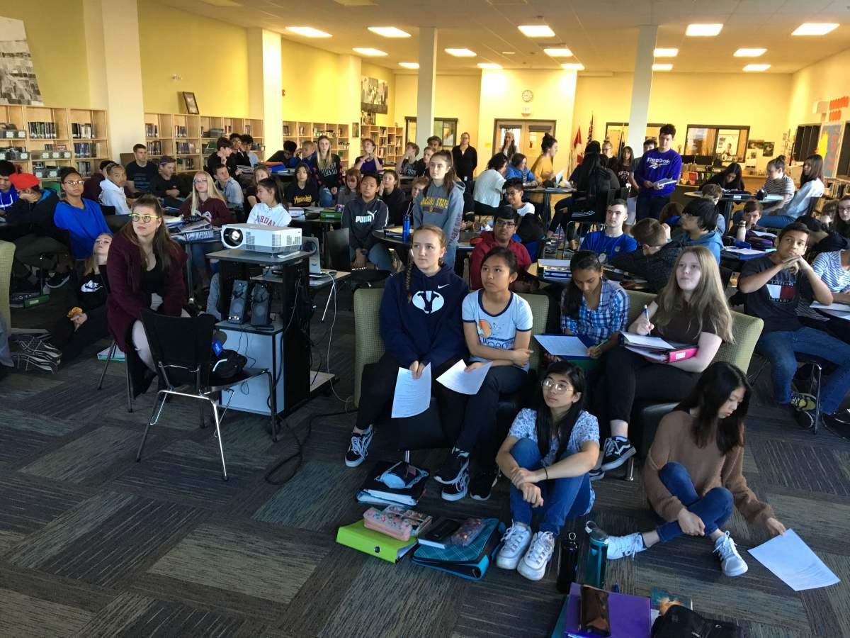 Grade 9 science students at Michael Strembitsky School Skype with Dr. Shawna Pandya in Key Largo, Fla.