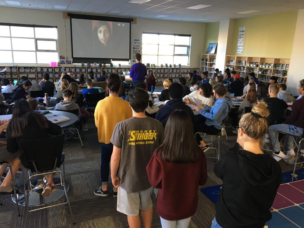 Grade 9 science students at Michael Strembitsky School Skype with Dr. Shawna Pandya in Key Largo, Fla.
