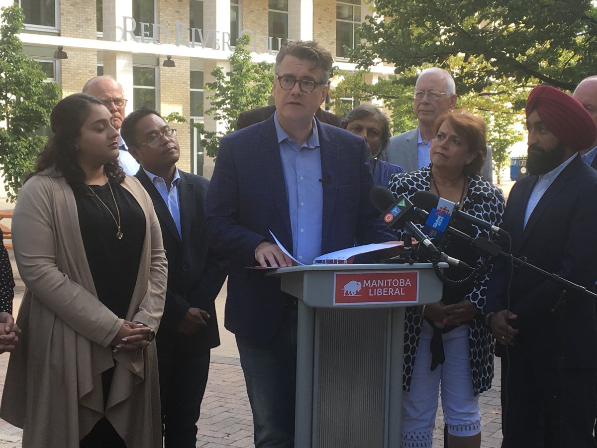 Manitoba Liberal Leader Dougald Lamont makes a campaign announcement on Sunday, Sept. 1, outside of Red River College's downtown campus.