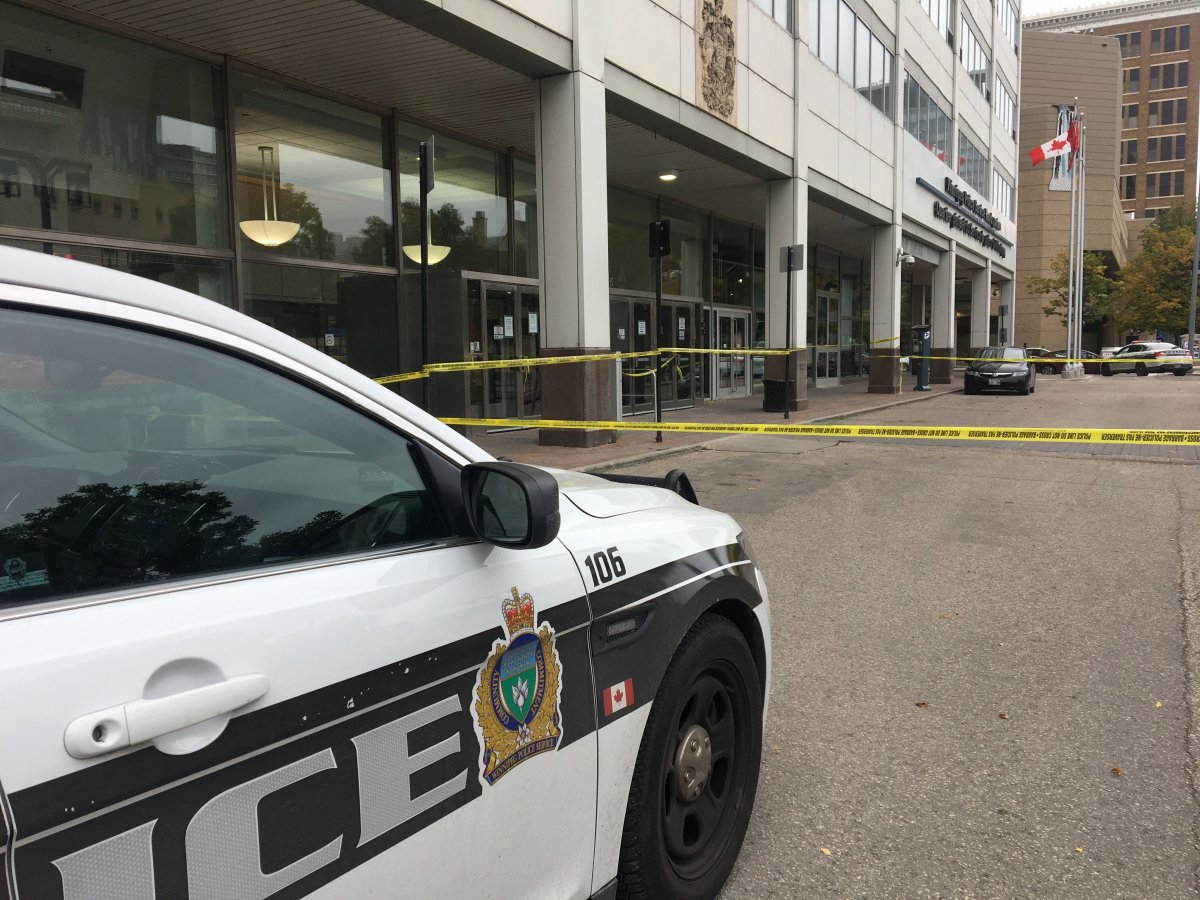 Police tape near out front of Winnipeg Police headquarters Thursday morning.