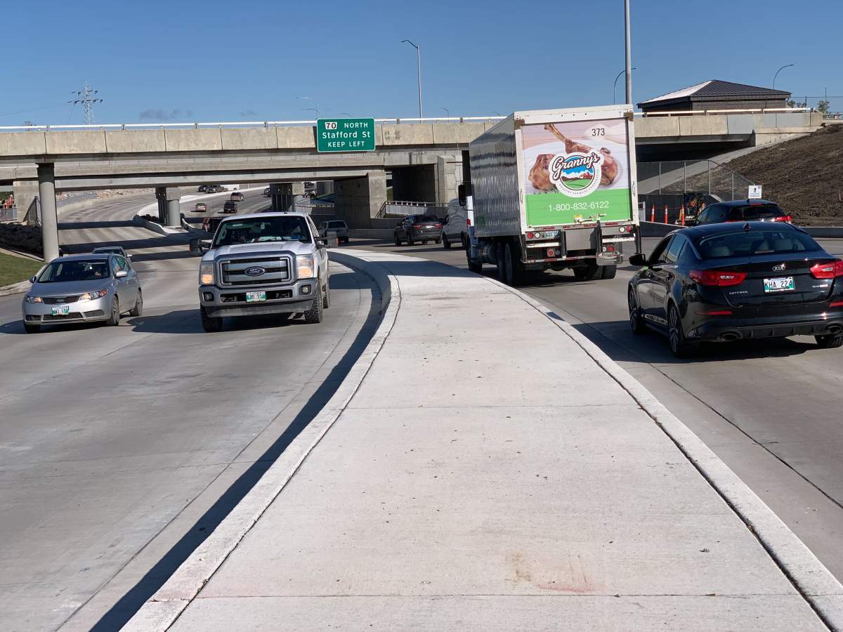 Traffic flows free on Pembina Highway under the Jubilee Overpass Friday.