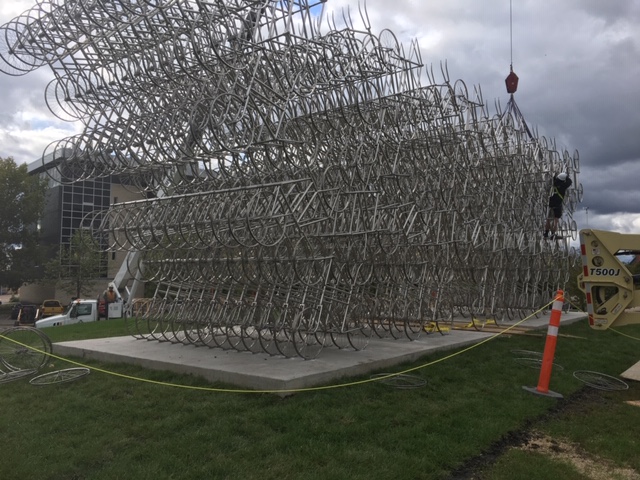 Ai Weiwei's piece "Forever Bicycles" setting up at The Forks.