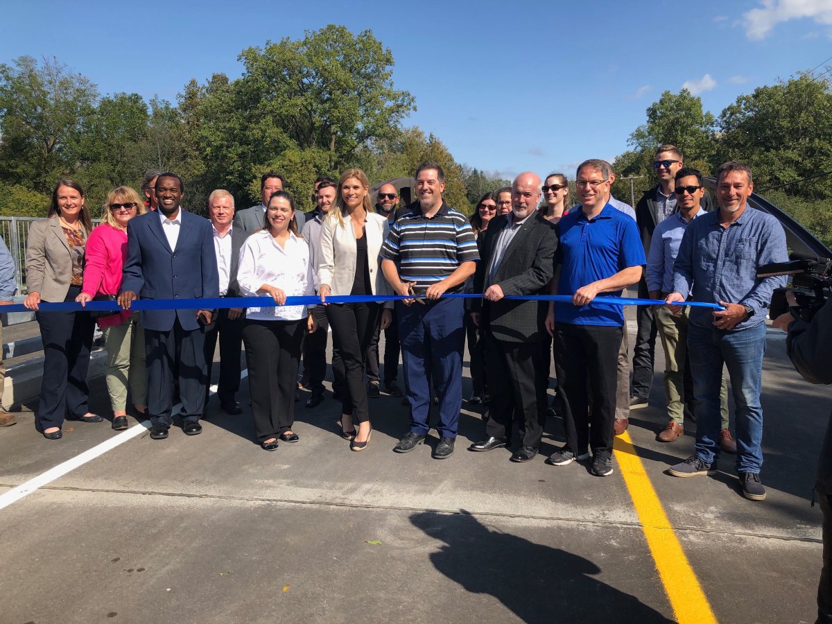 Guelph Mayor Cam Guthrie is joined by councillors and city staff for a ribbon-cutting ceremony at the new Niska Bridge. 