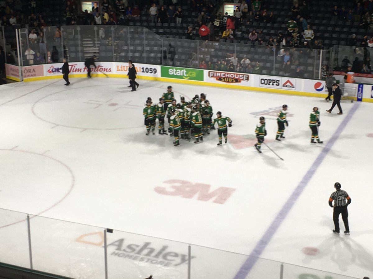 London, Ont. - The London Knights celebrate a 4-3 shootout victory over the Erie Otters in a pre-season game on September 13, 2019.