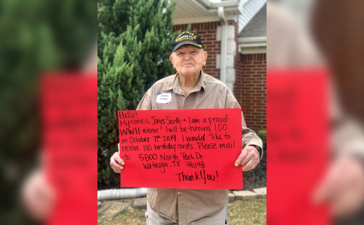 Second World War veteran James South is turning 100 on Oct. 7 and would like to receive one card for every year he's been alive.