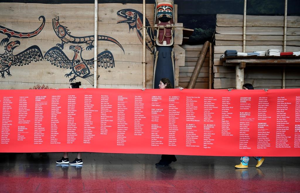 FILE: A ceremonial cloth with the names of 2,800 children who died in residential schools and were identified in the National Student Memorial Register, is carried to the stage during the Honouring National Day for Truth and Reconciliation ceremony in Gatineau, Quebec on Monday, Sept. 30, 2019. 