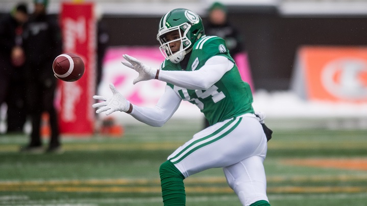 Saskatchewan Roughriders wide receiver Jordan Williams-Lambert (84) warms up before CFL action against the Winnipeg Blue Bombers in Regina on Nov. 11, 2018.  