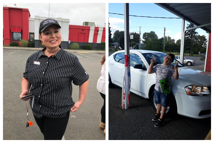 Crystal Lachance, left, received a new car from KFC. Her son, Rhys, is pictured with the car on the right.