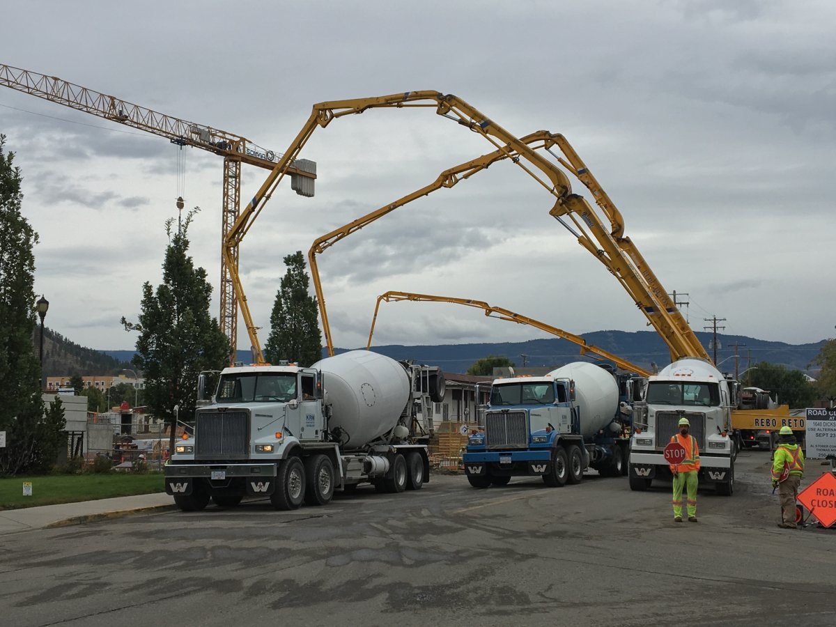 Massive concrete pour in Kelowna Monday morning paves the way for the tallest class-A office tower between Calgary and Vancouver.