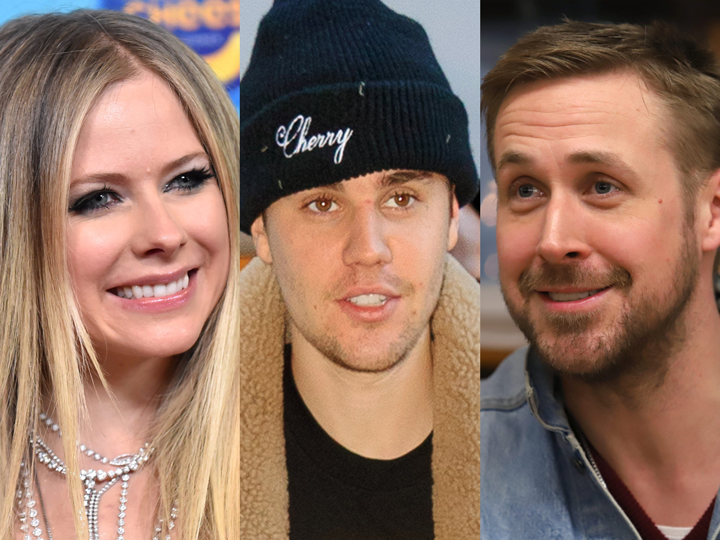 (L-R) Avril Lavigne, Justin Bieber and Ryan Gosling.