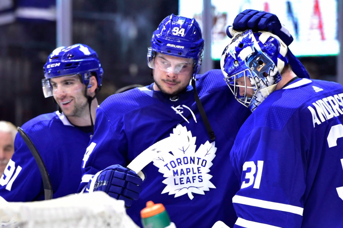 Toronto Maple Leafs goaltender Frederik Andersen (31), John Tavares (91) and Auston Matthews (34) will be counted upon to lead the team to new heights this season.