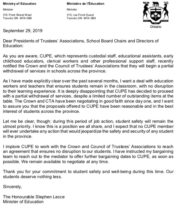 Letter from Education Minister Stephen Lecce about CUPE job action.