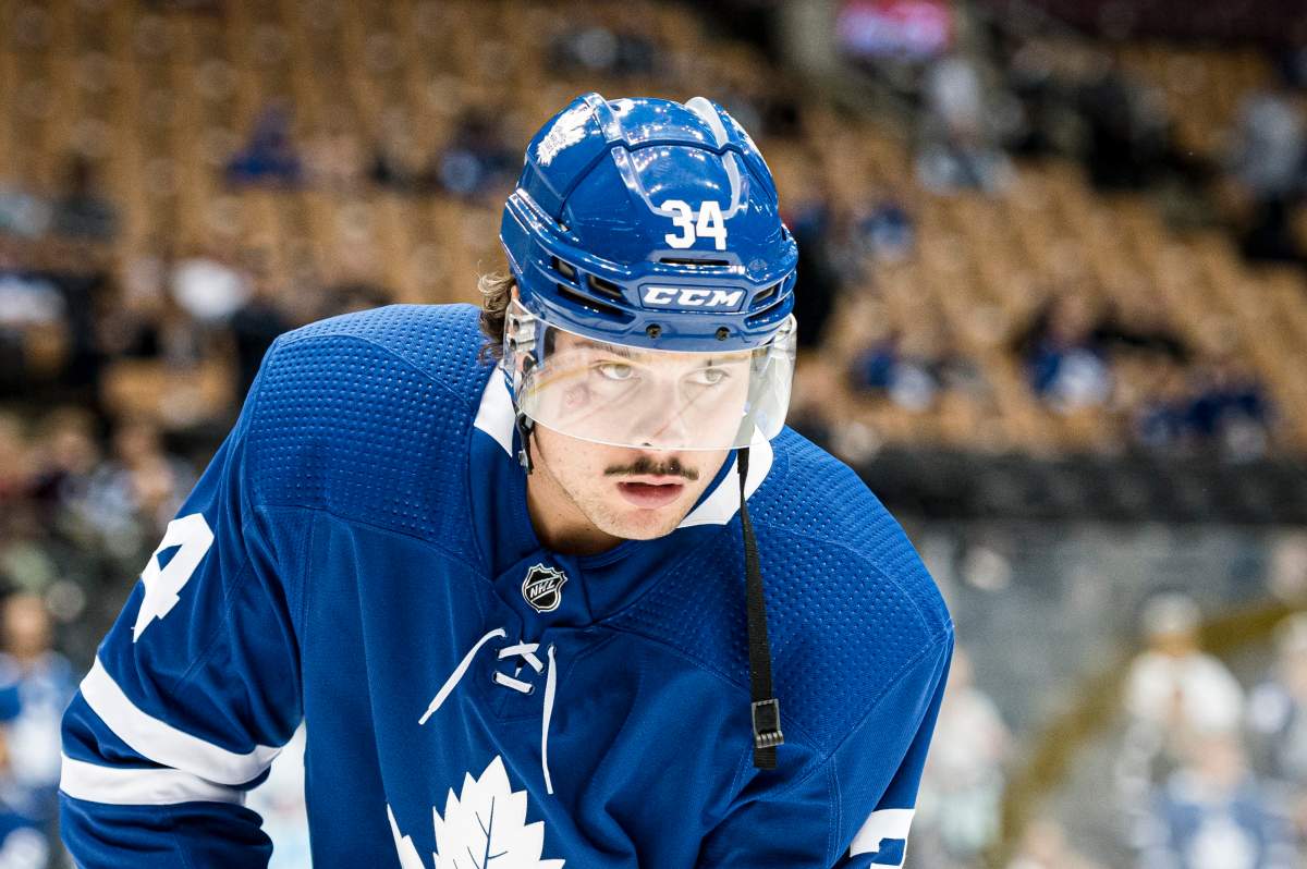 Toronto Maple Leafs centre Auston Matthews warms up prior to an NHL pre-season game, against the Montreal Canadiens, in Toronto on Wednesday, September 25, 2019.