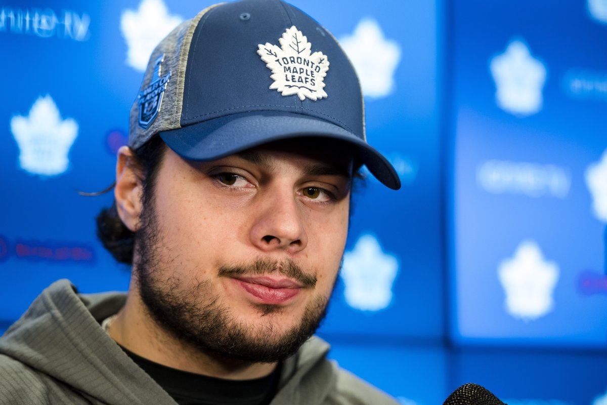 Toronto Maple Leafs centre Auston Matthews speaks to reporters after a locker clean out at the Scotiabank Arena in Toronto, on Thursday, April 25, 2019.