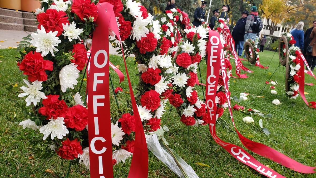 Wreaths put by memorial for police and peace officers who died in the line of duty.